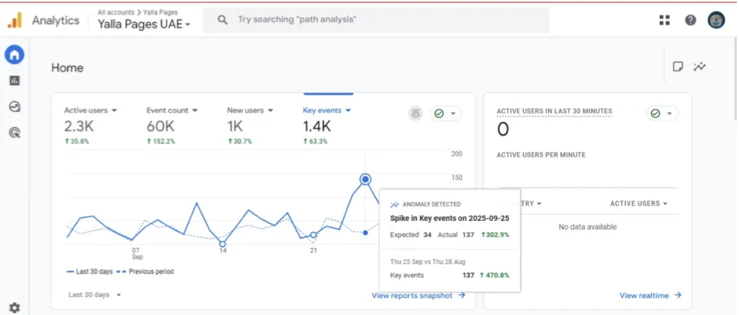 SEO data visualization showing yallapages.ae traffic growth, keyword rankings, and user event improvements over 12 months